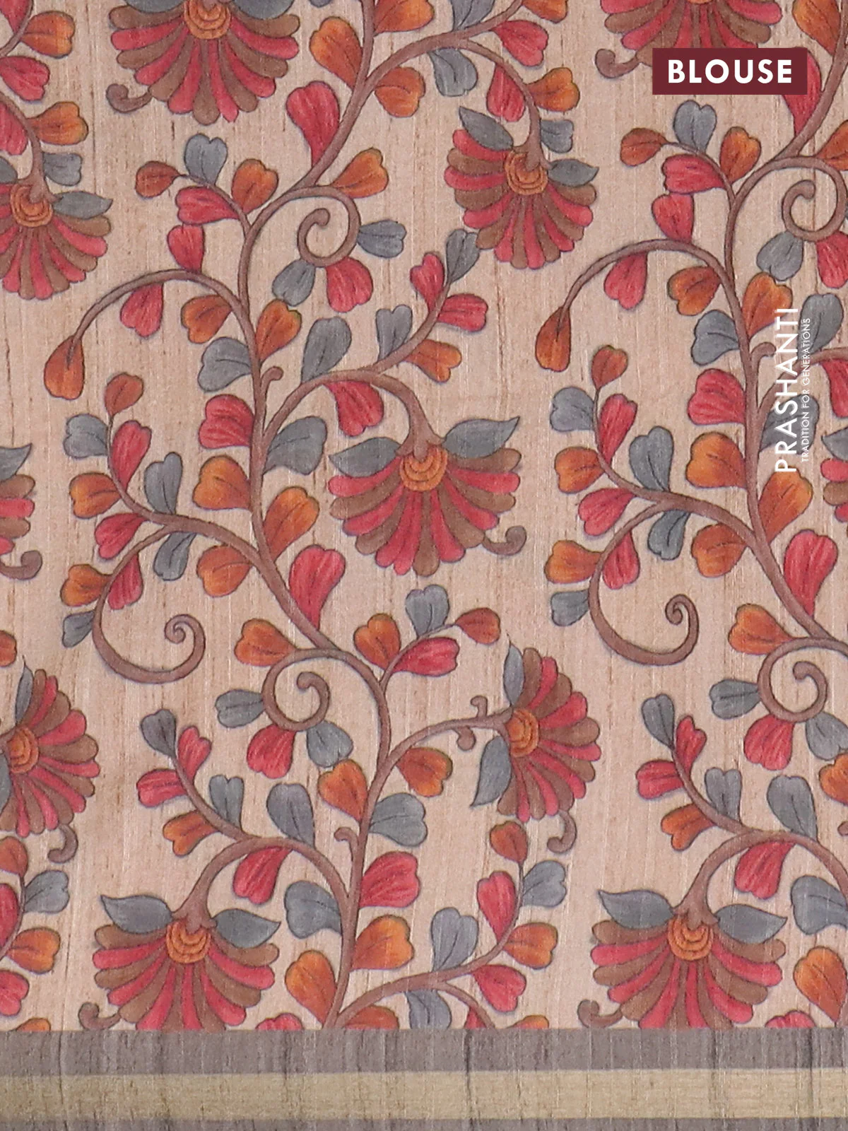 Semi tussar saree grey with leheriya prints and kalamkari prints & cut work pallu - Image 4