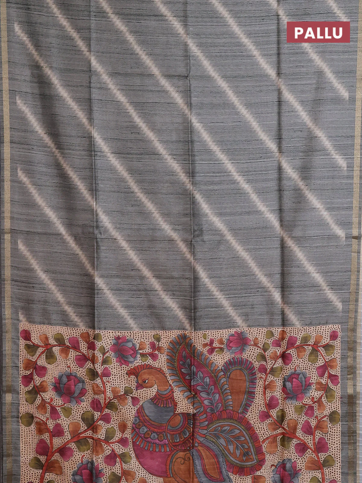 Semi tussar saree grey with leheriya prints and kalamkari prints & cut work pallu - Image 3