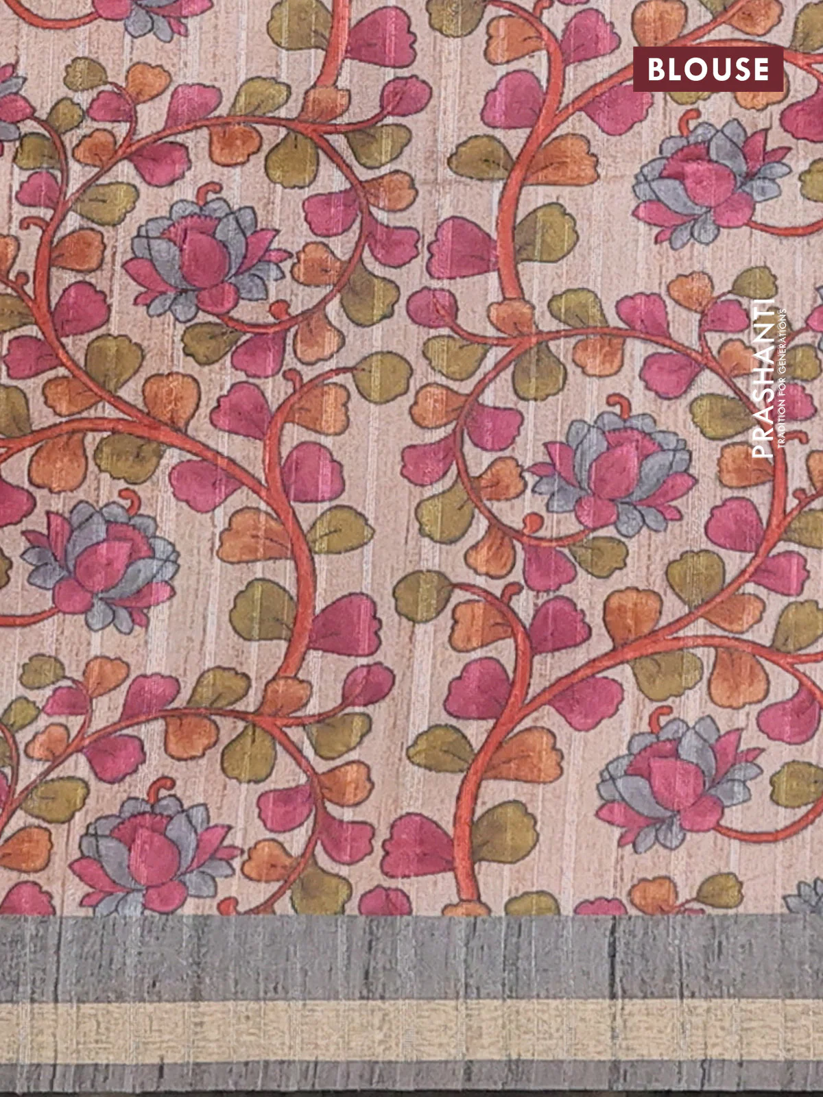 Semi tussar saree grey with leheriya prints and kalamkari prints & cut work pallu - Image 4