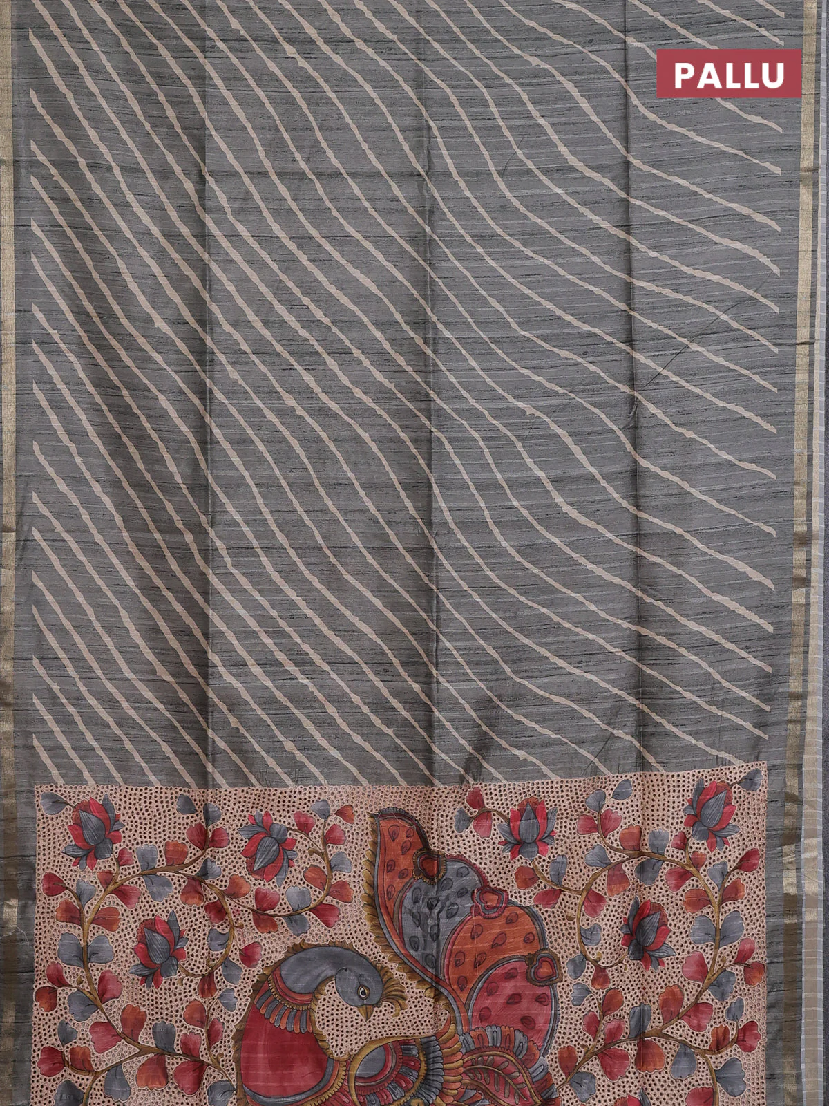 Semi tussar saree grey with leheriya prints and kalamkari prints & cut work pallu - Image 3