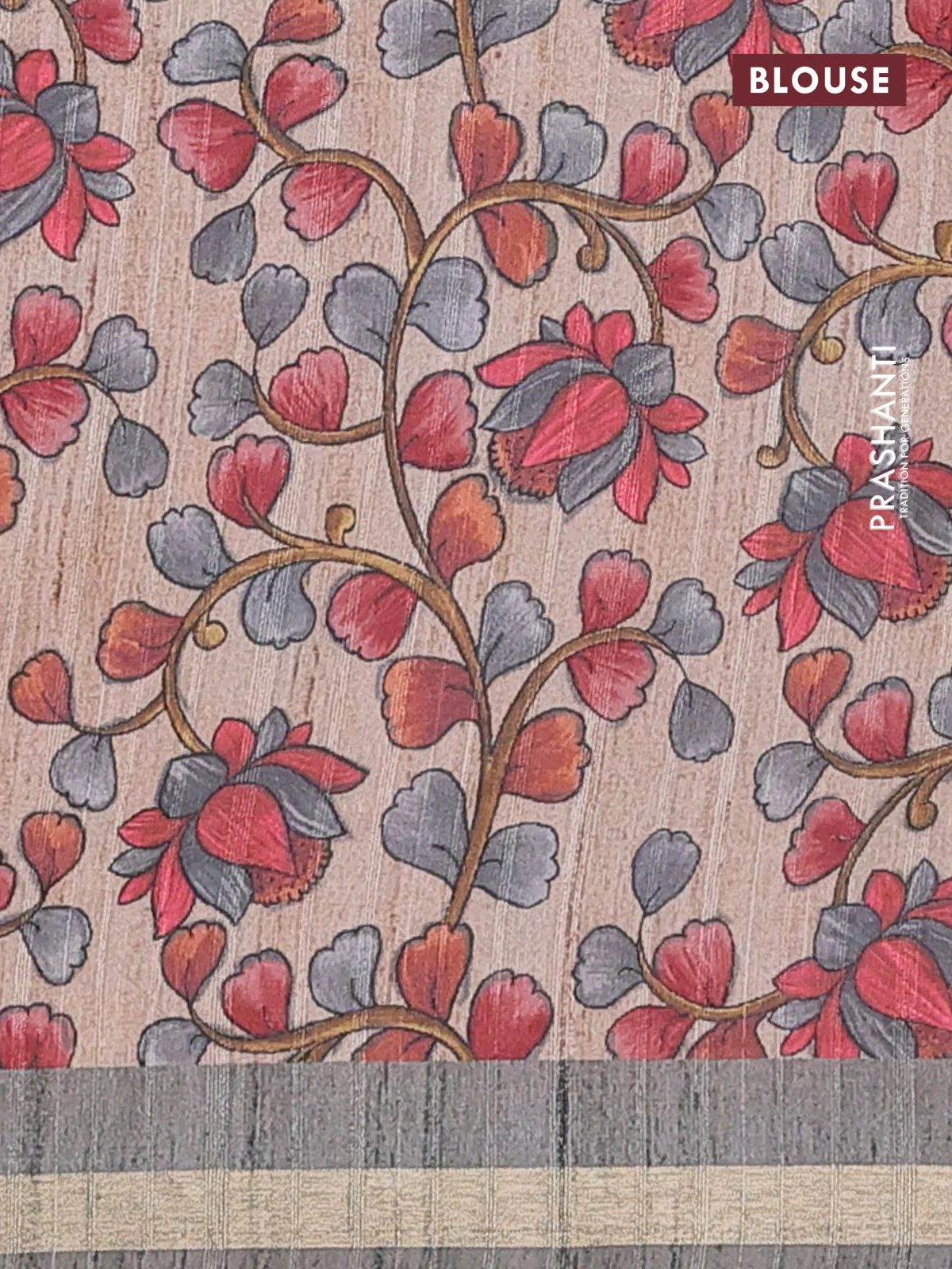 Semi tussar saree grey with leheriya prints and kalamkari prints & cut work pallu - Image 4