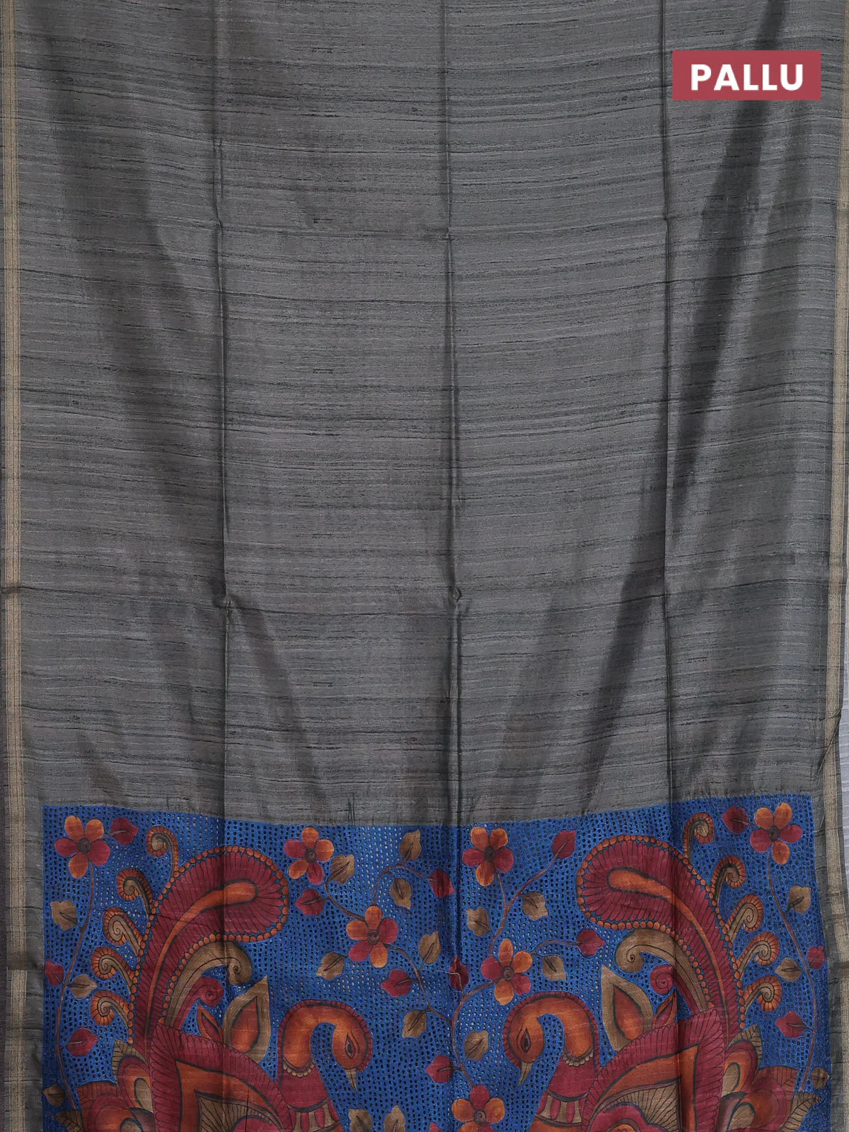 Semi tussar saree grey with plain body and kalamkari prints & cut work pallu - Image 3