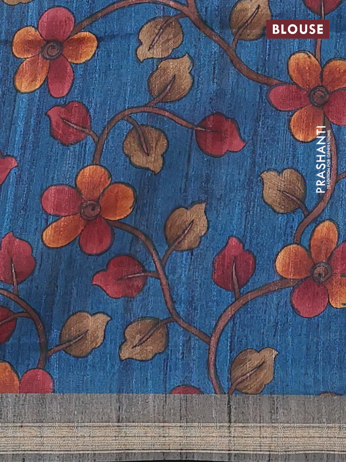 Semi tussar saree grey with plain body and kalamkari prints & cut work pallu - Image 4