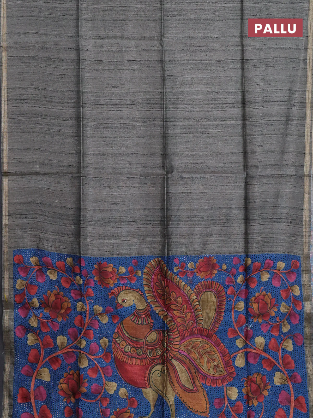 Semi tussar saree grey with plain body and kalamkari prints & cut work pallu - Image 3