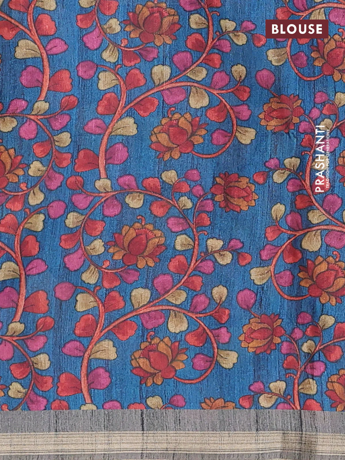 Semi tussar saree grey with plain body and kalamkari prints & cut work pallu - Image 4