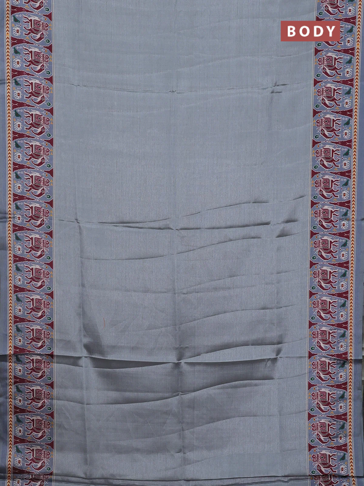 Semi tussar saree grey with plain body and patola printed border - Image 2