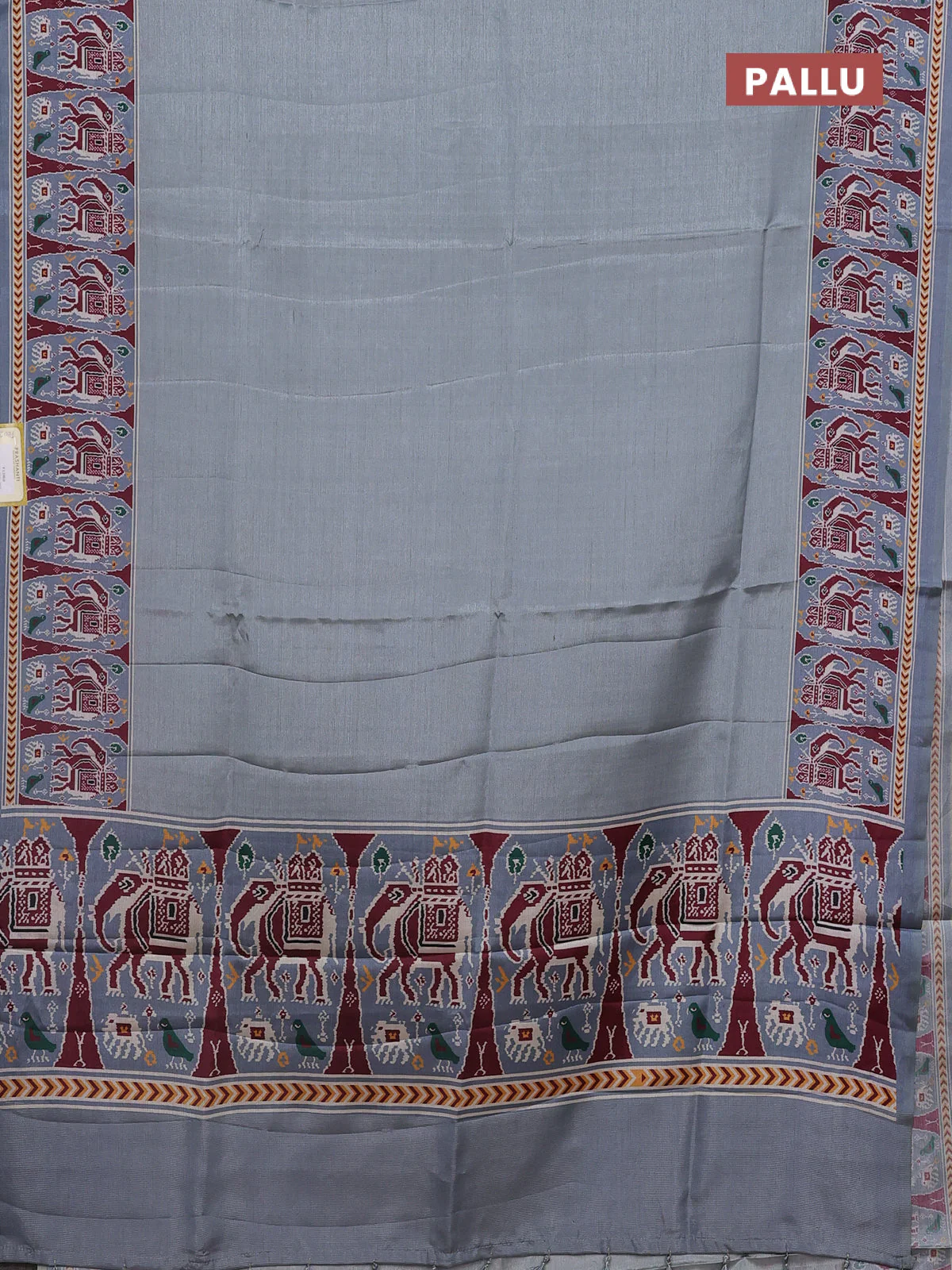 Semi tussar saree grey with plain body and patola printed border - Image 3