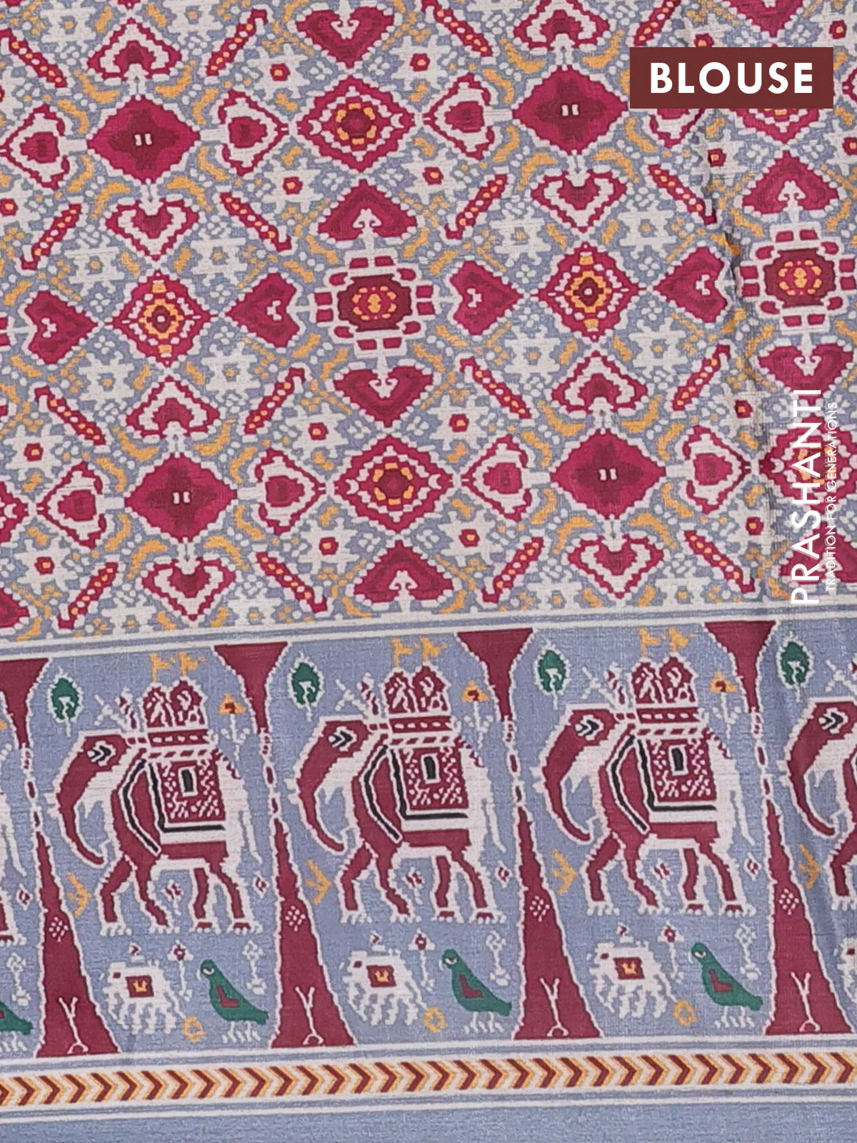 Semi tussar saree grey with plain body and patola printed border - Image 4