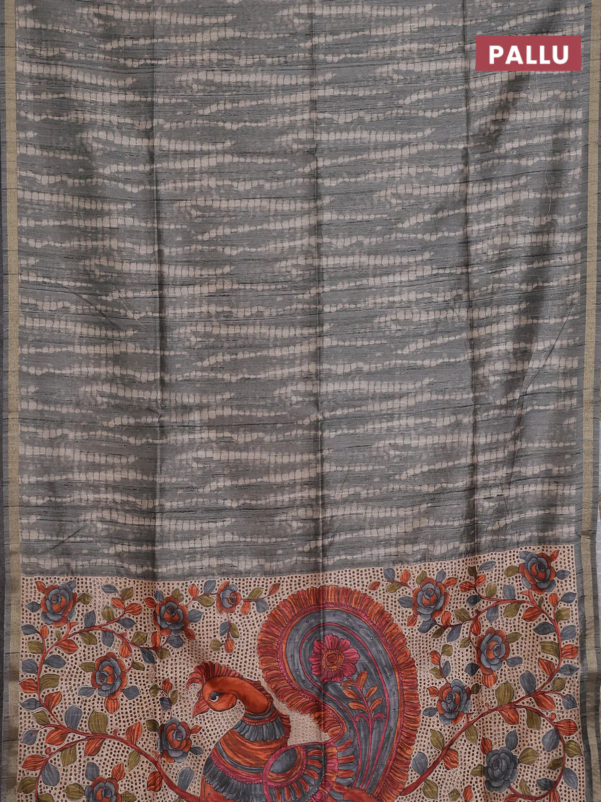 Semi tussar saree grey with shibori prints and kalamkari prints & cut work pallu - Image 3