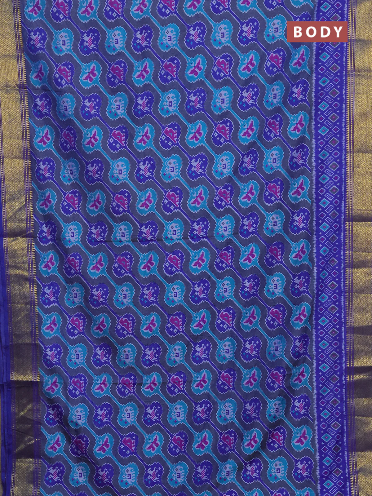 Semi tussar saree greyish blue and blue with allover ikat prints and zari woven border - Image 2