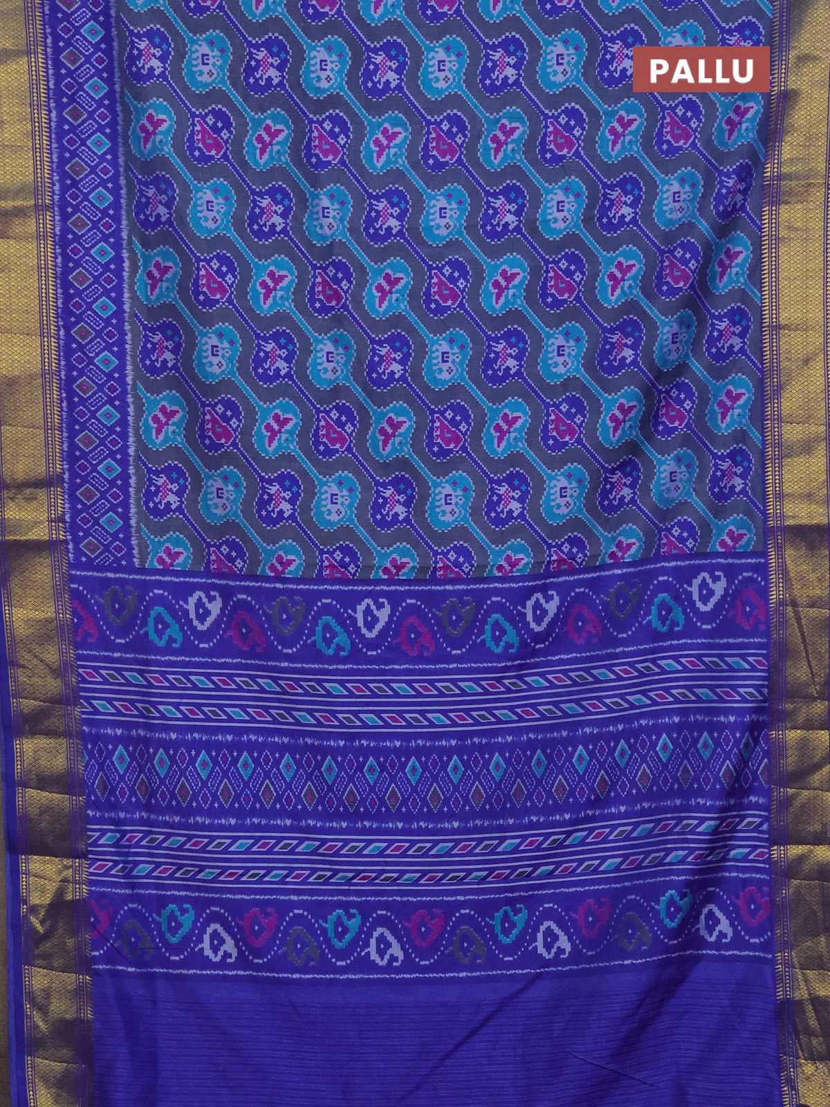 Semi tussar saree greyish blue and blue with allover ikat prints and zari woven border - Image 3