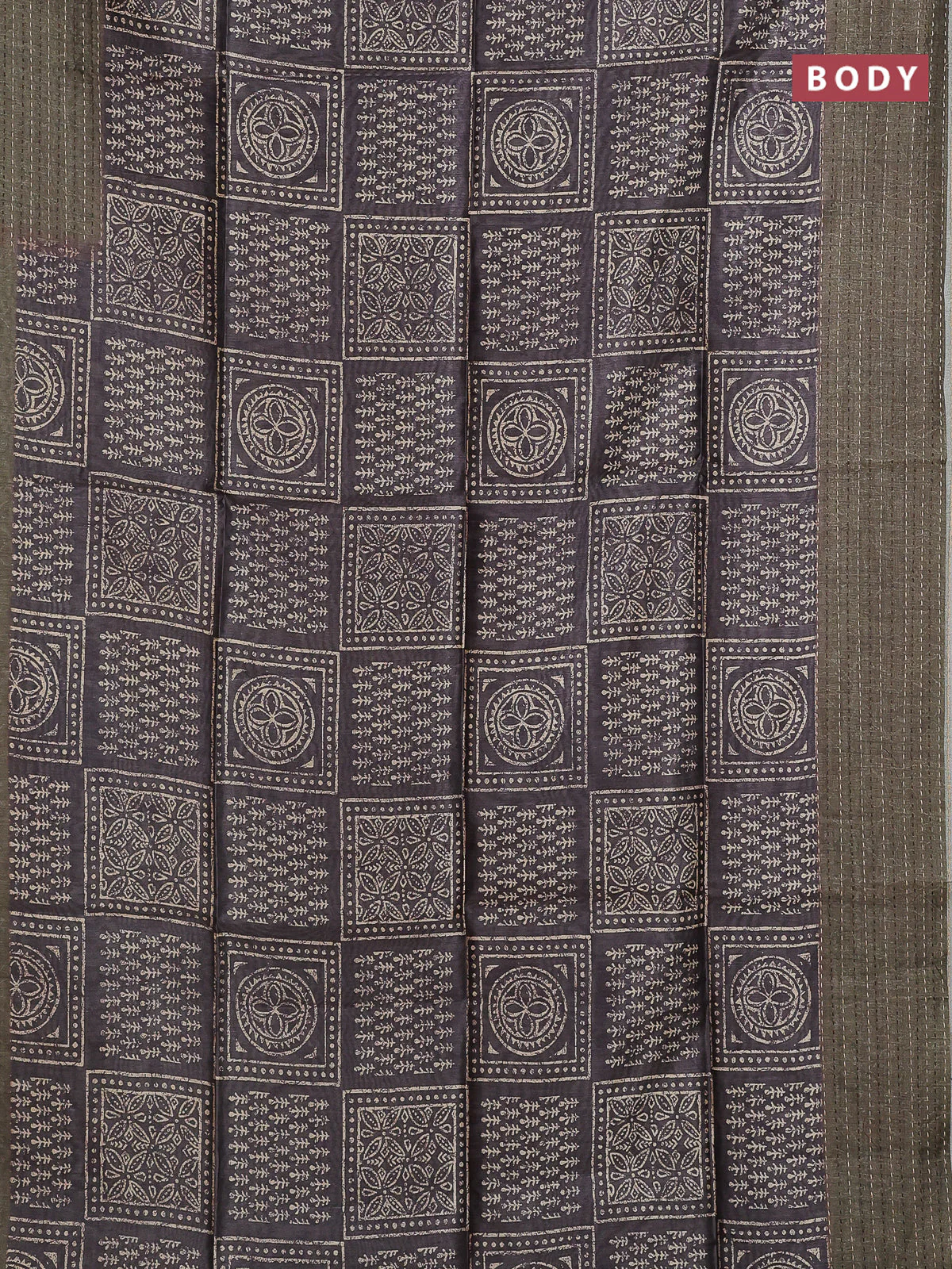Semi tussar saree greyish brown and dark sap green with allover batik prints and katha stitch work pallu & border - Image 2