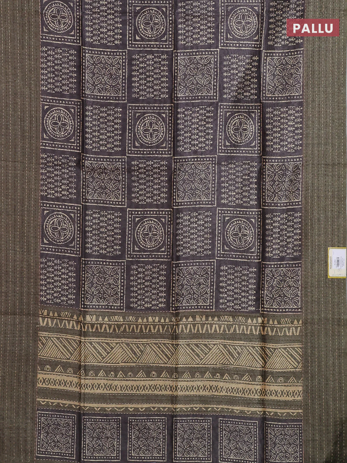 Semi tussar saree greyish brown and dark sap green with allover batik prints and katha stitch work pallu & border - Image 3