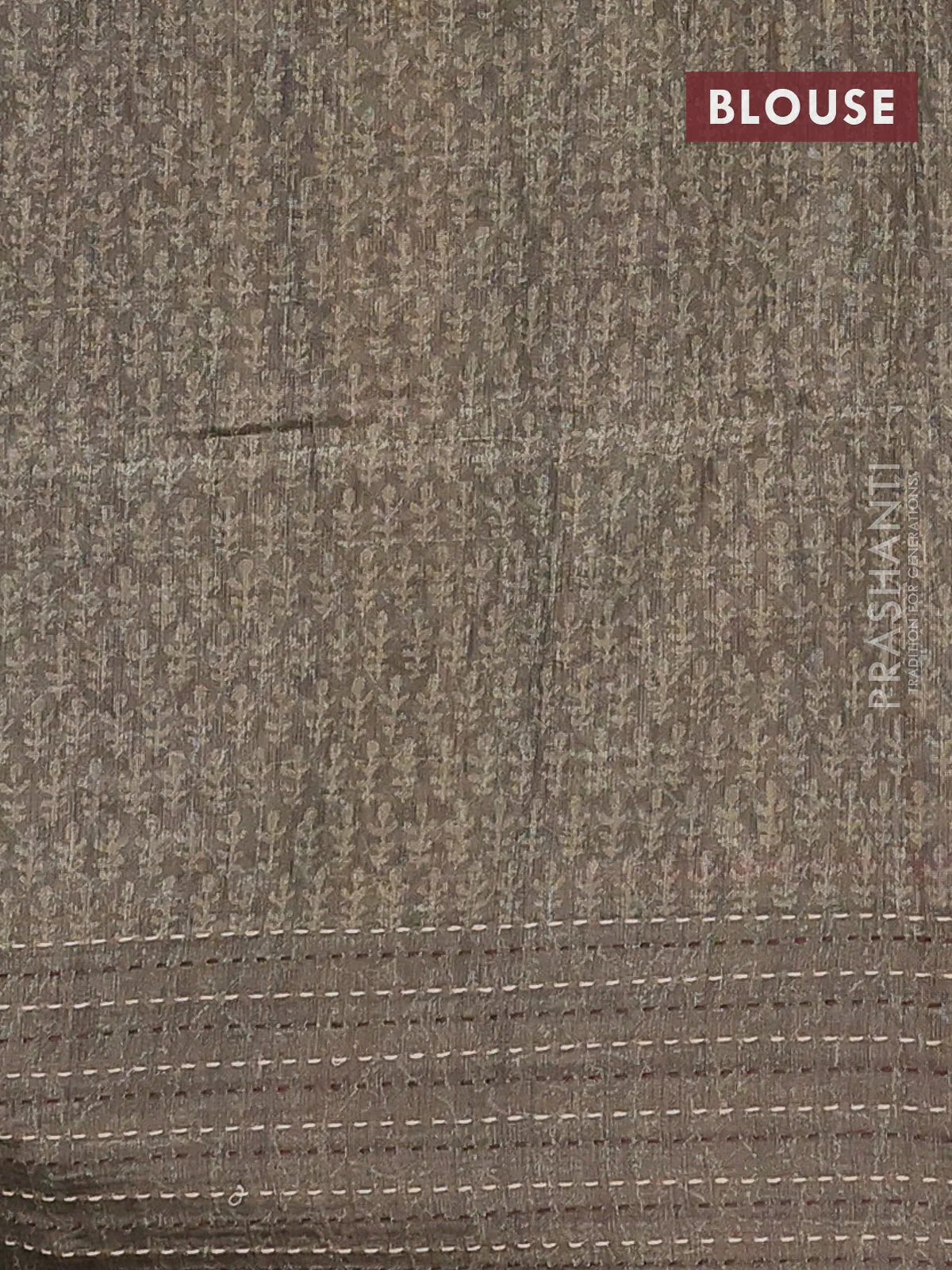 Semi tussar saree greyish brown and dark sap green with allover batik prints and katha stitch work pallu & border - Image 4