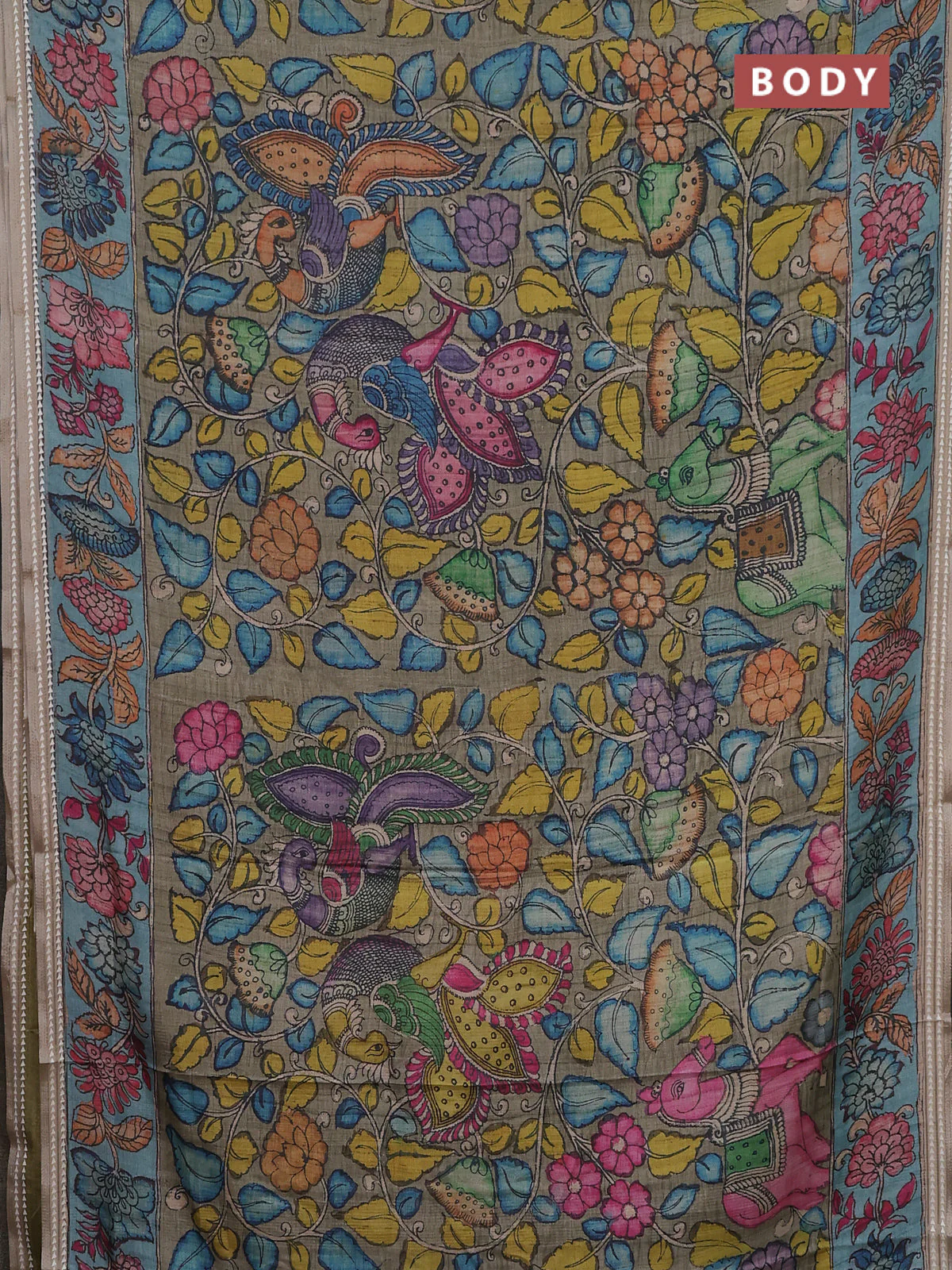 Semi tussar saree greyish green and blue with allover kalamkari prints and printed border - Image 2