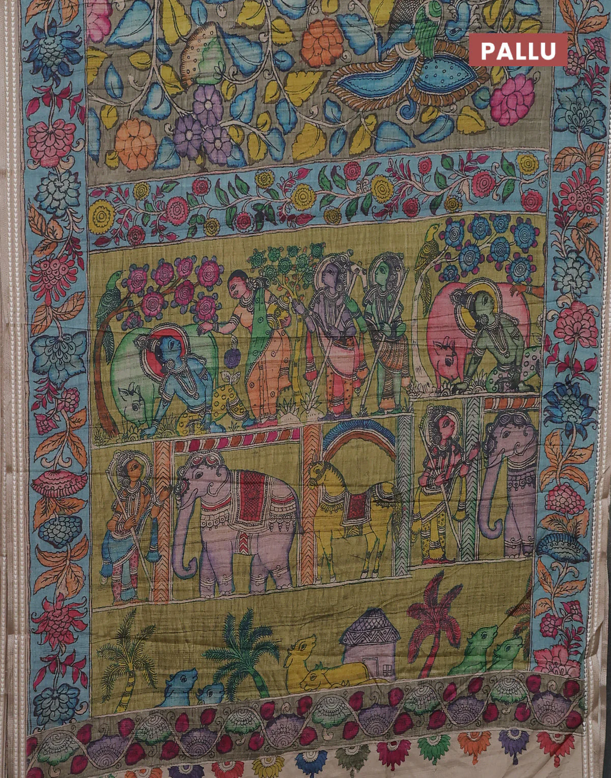 Semi tussar saree greyish green and blue with allover kalamkari prints and printed border - Image 3