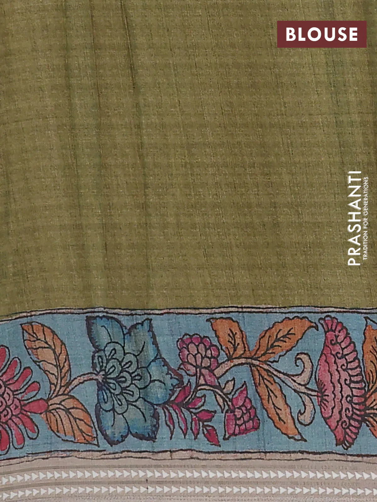 Semi tussar saree greyish green and blue with allover kalamkari prints and printed border - Image 4