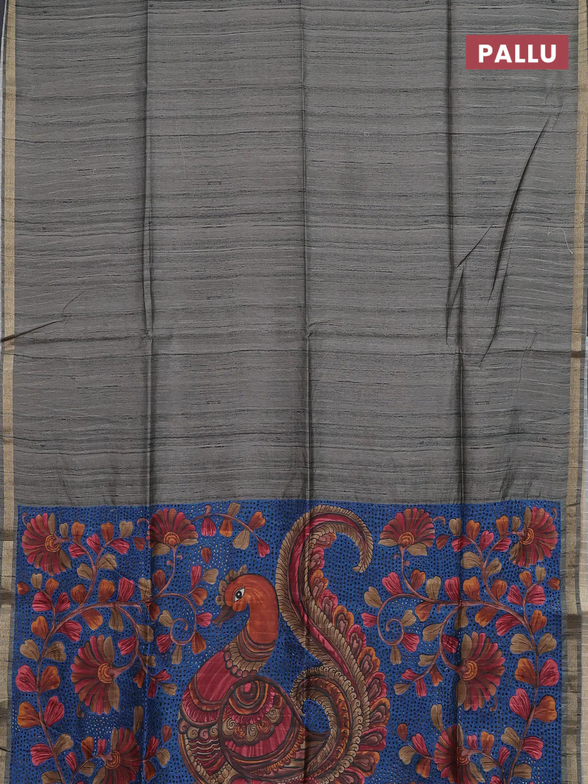 Semi tussar saree greyish green with plain body and kalamkari prints & cut work pallu - Image 3