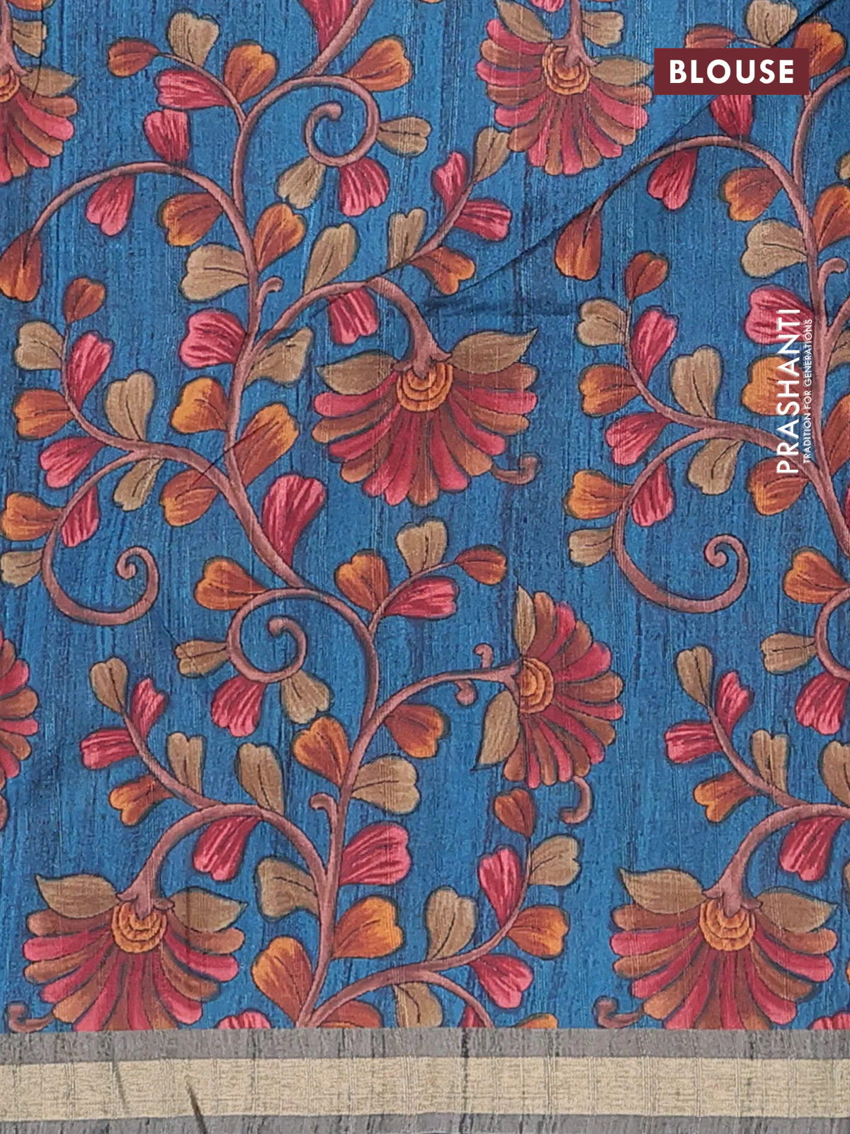Semi tussar saree greyish green with plain body and kalamkari prints & cut work pallu - Image 4