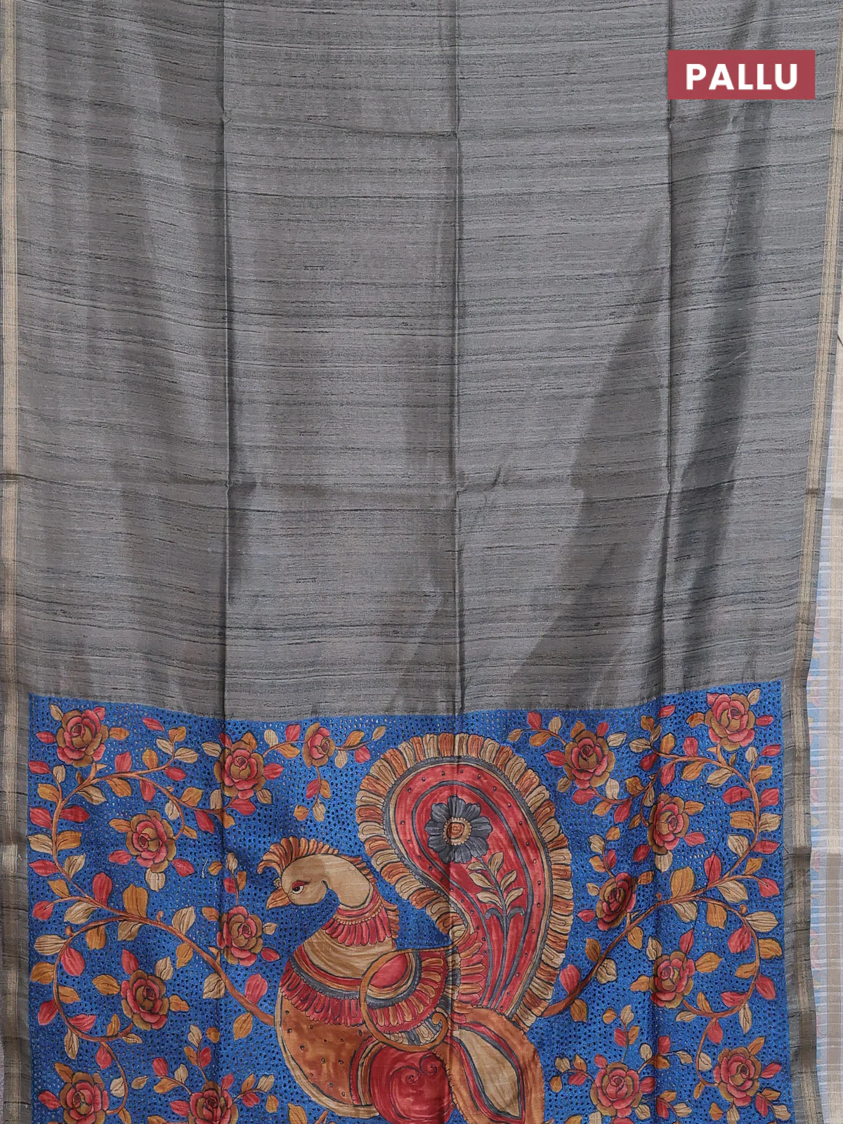 Semi tussar saree greyish green with plain body and kalamkari prints & cut work pallu - Image 3