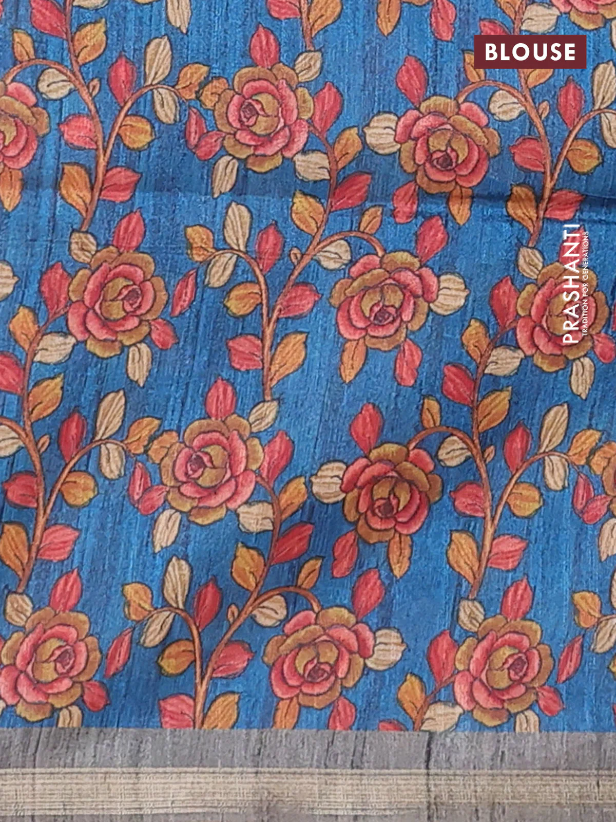 Semi tussar saree greyish green with plain body and kalamkari prints & cut work pallu - Image 4