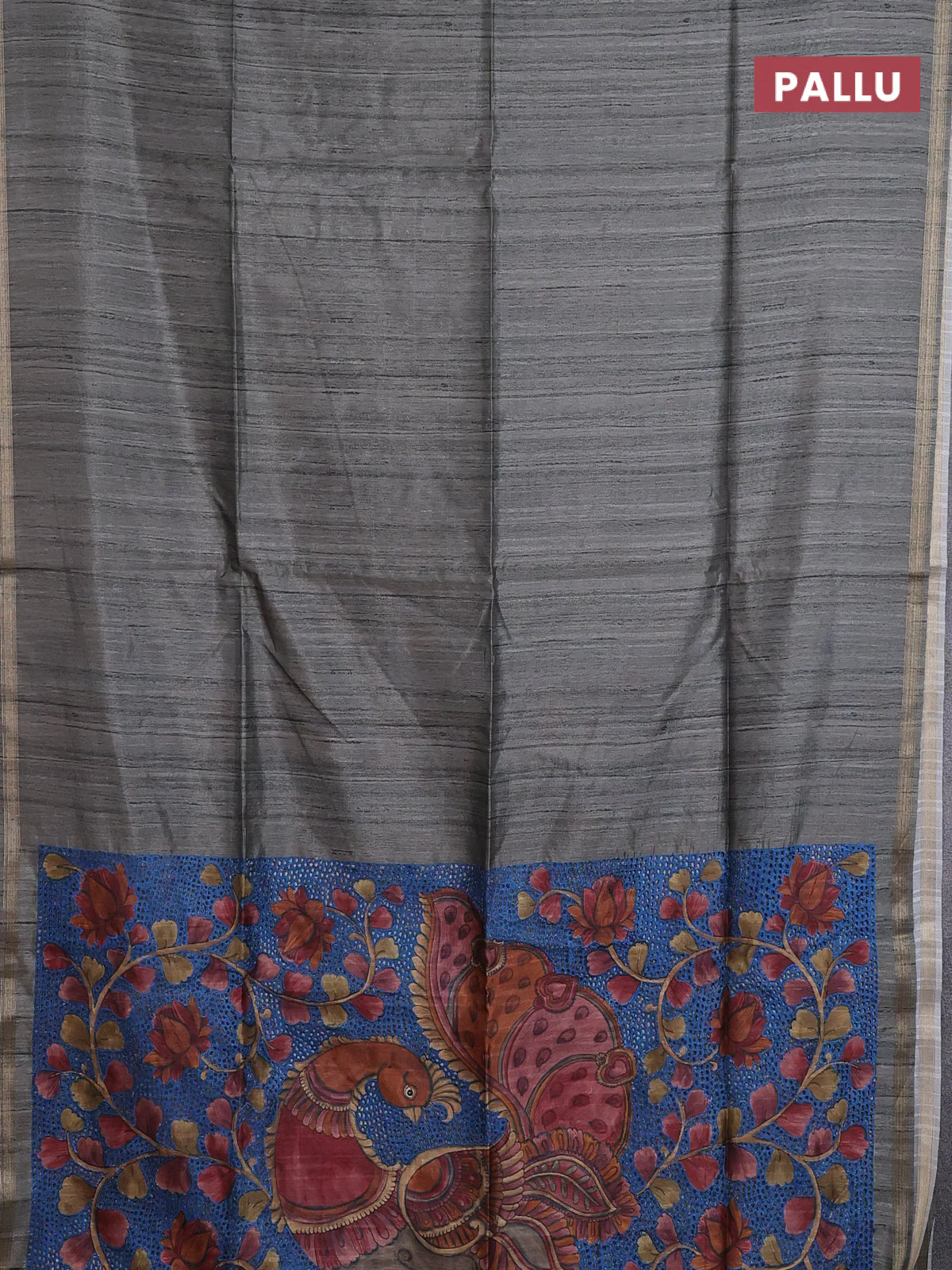 Semi tussar saree greyish green with plain body and kalamkari prints & cut work pallu - Image 3