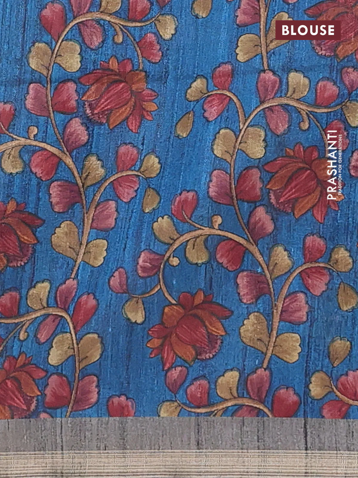Semi tussar saree greyish green with plain body and kalamkari prints & cut work pallu - Image 4