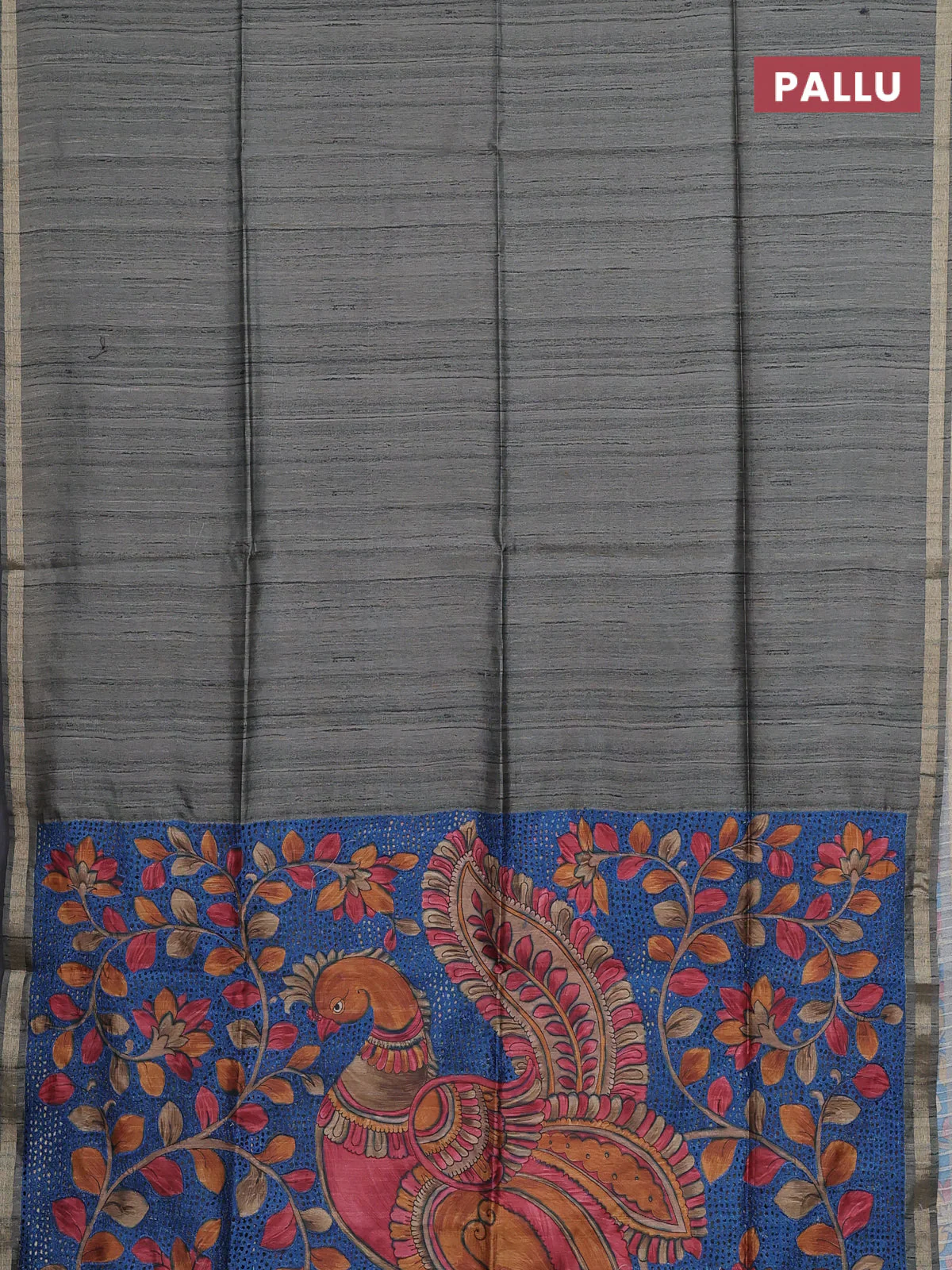 Semi tussar saree greyish green with plain body and kalamkari prints & cut work pallu - Image 3