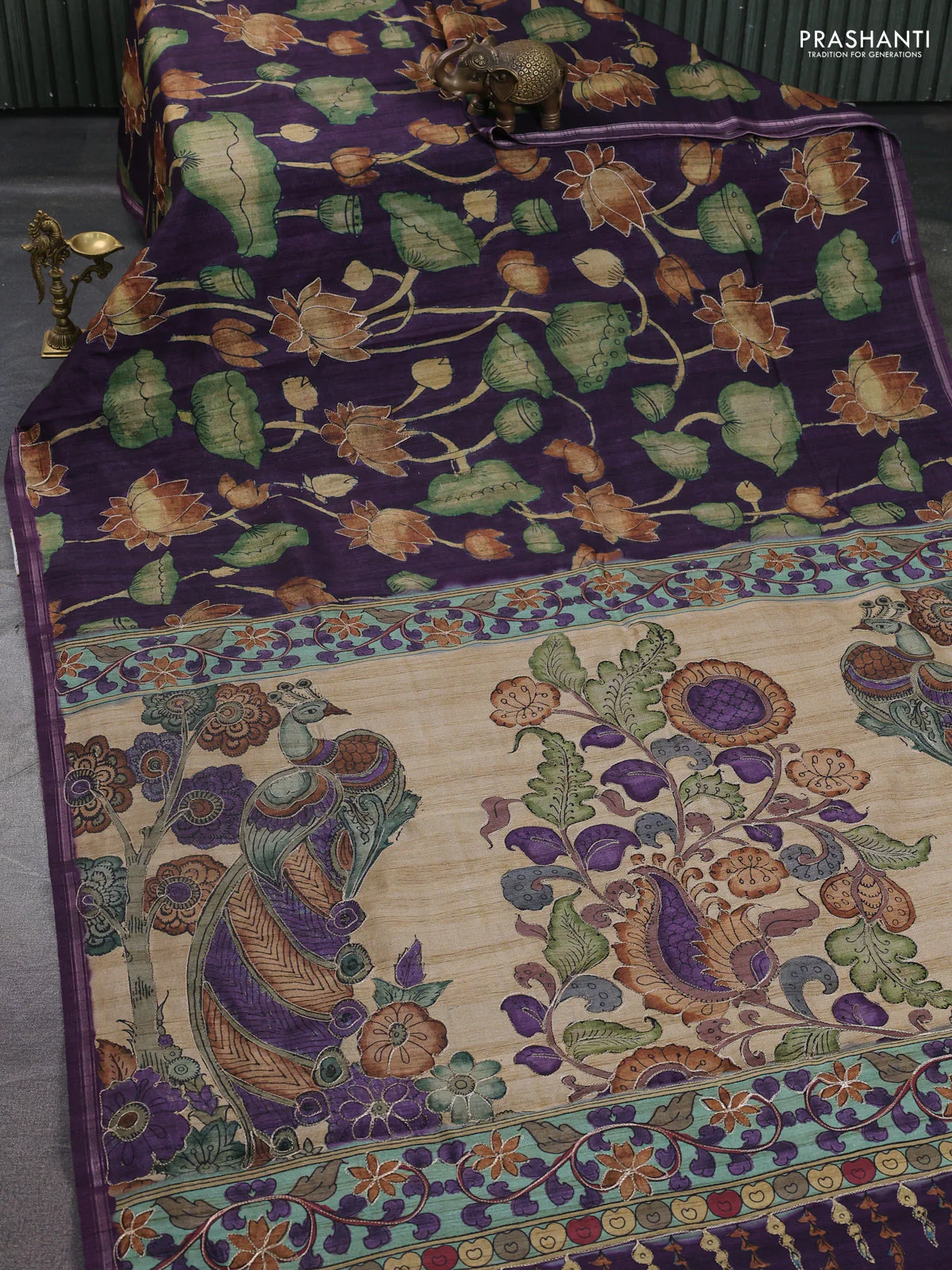 Semi tussar saree jamun and beige with allover kalamkari prints and embroidered pallu - Image 2