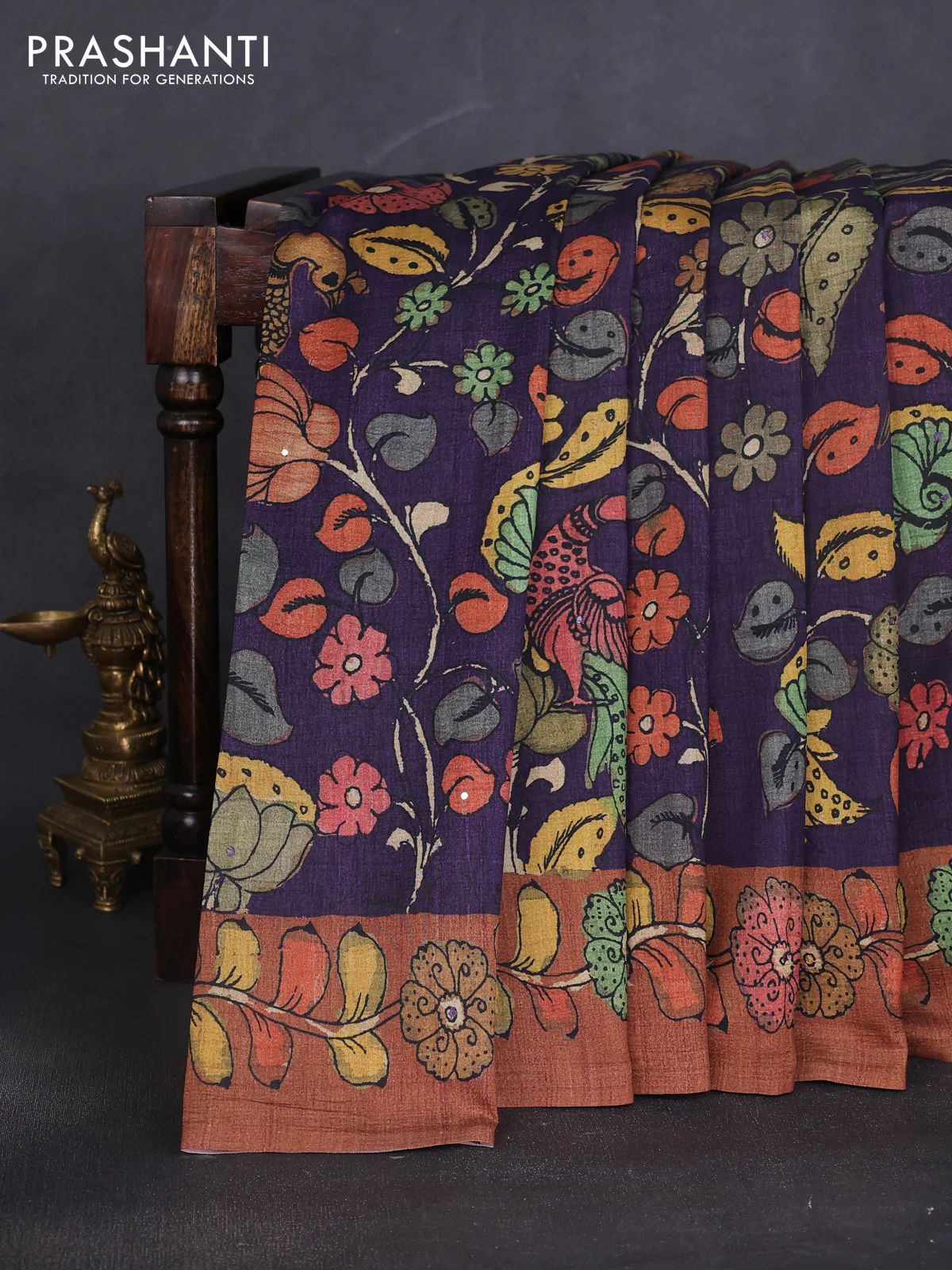 Semi tussar saree jamun and brown with allover kalamkari prints and mirror work - Image 2