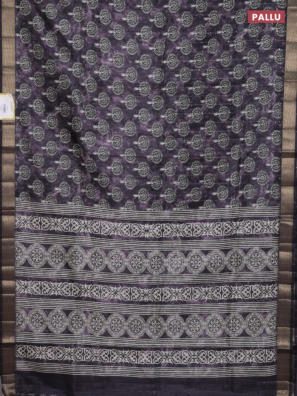 Semi tussar saree jamun shade with butta prints & sequin work and zari woven border - Image 3