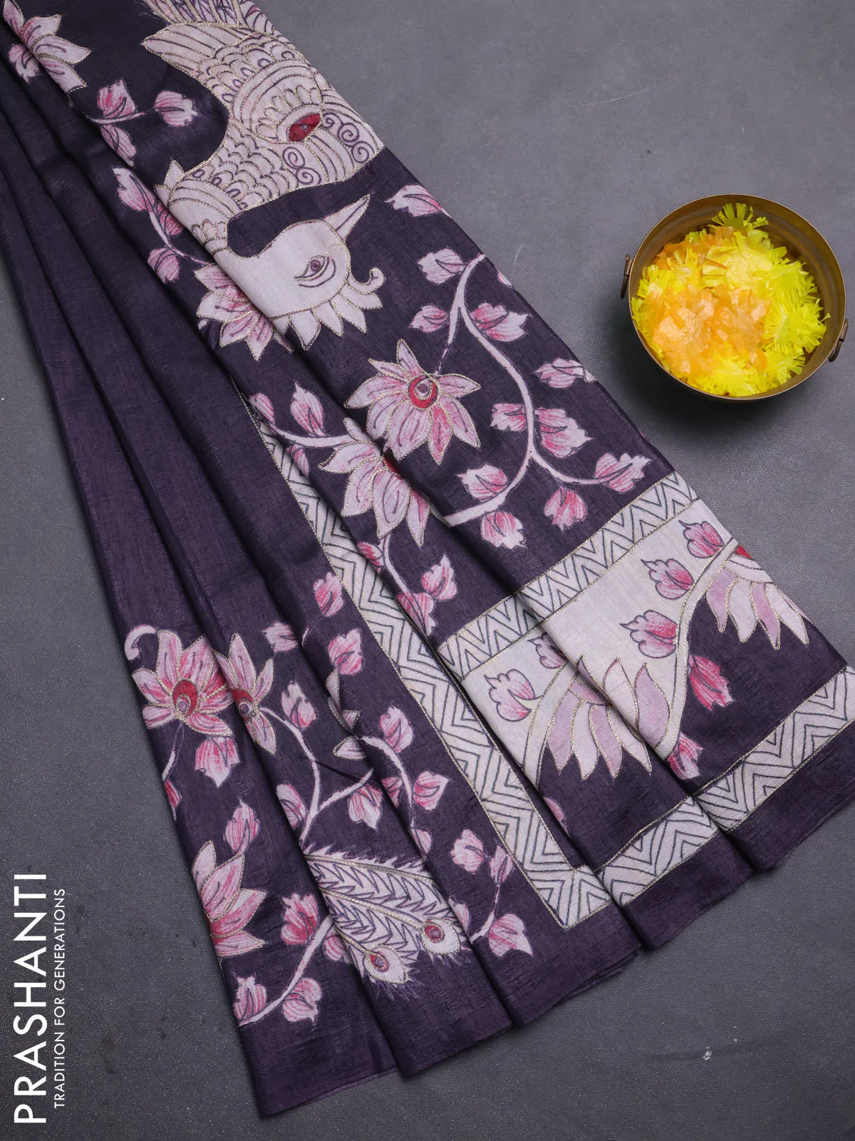 Semi tussar saree jamun with plain body and embroidered pallu