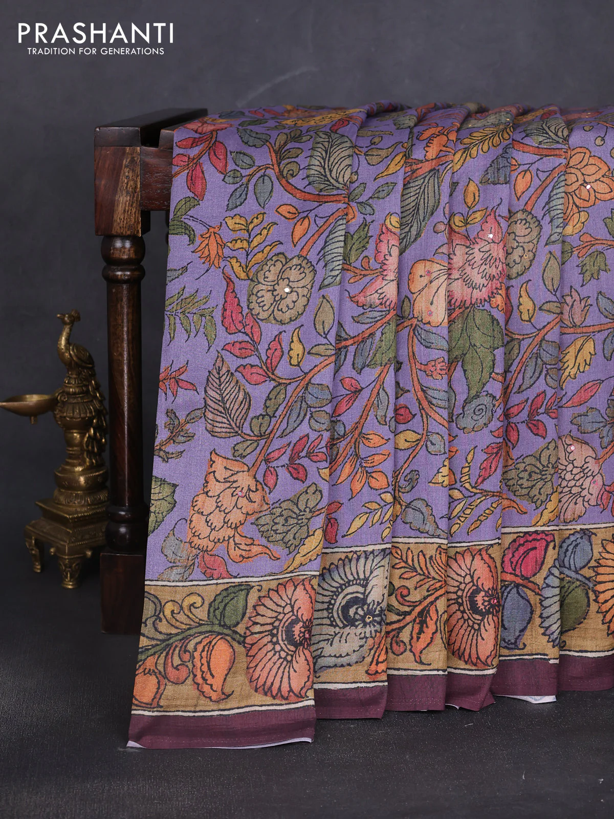 Semi tussar saree lavender and wine with allover kalamkari prints and mirror work - Image 2