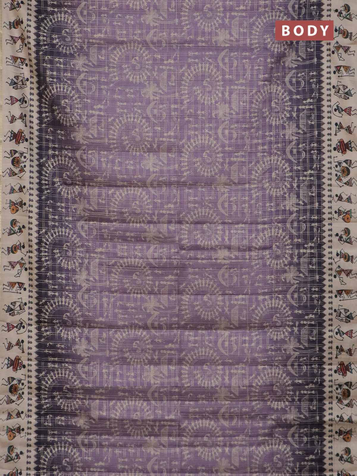 Semi tussar saree lavender shade and cream with allover zari checks & warli prints  and printed border - Image 2