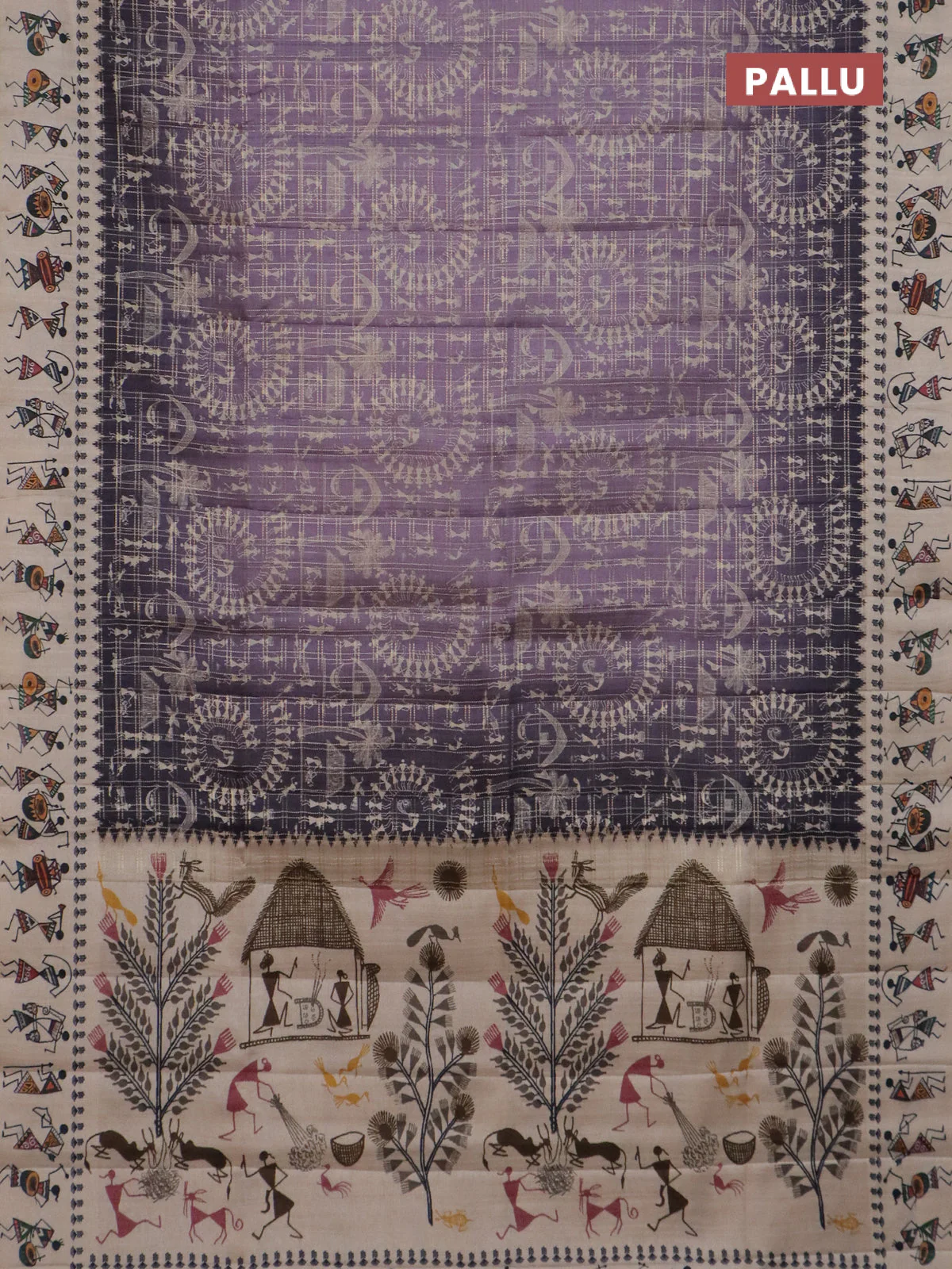 Semi tussar saree lavender shade and cream with allover zari checks & warli prints  and printed border - Image 3