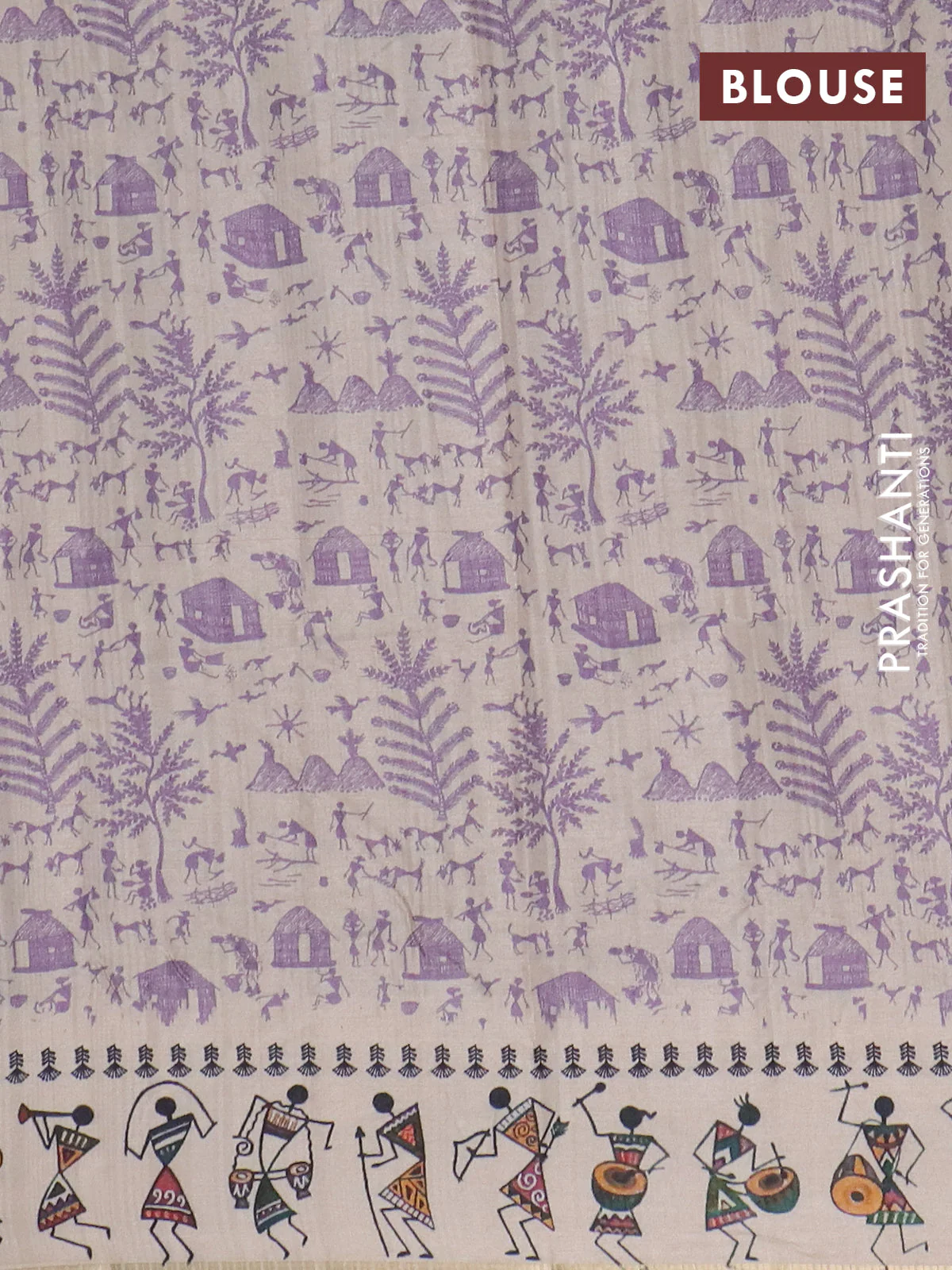 Semi tussar saree lavender shade and cream with allover zari checks & warli prints  and printed border - Image 4