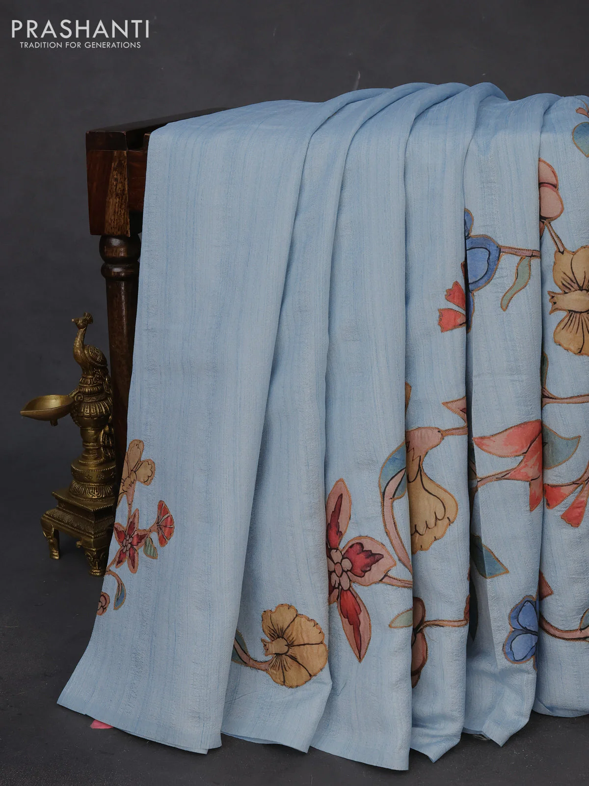 Semi tussar saree light blue with allover kalamkari applique work in borderless style - Image 2