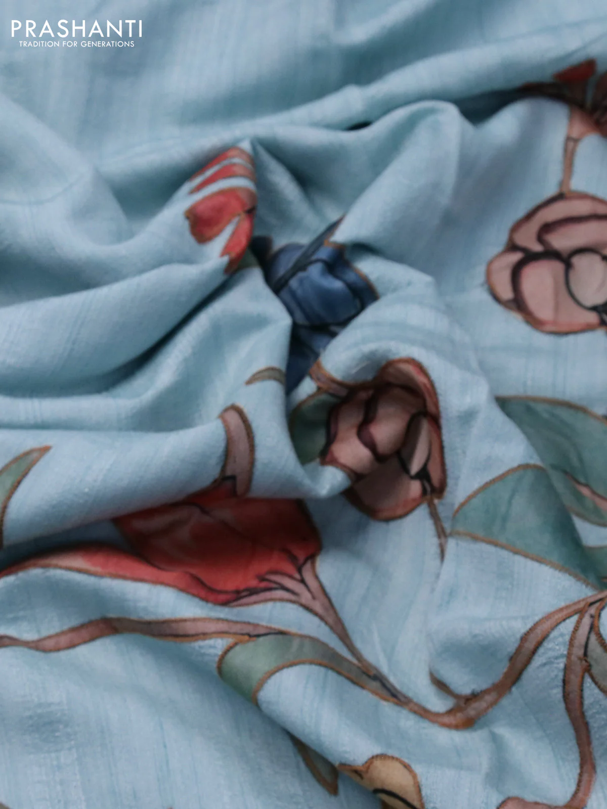 Semi tussar saree light blue with allover kalamkari applique work in borderless style - Image 3