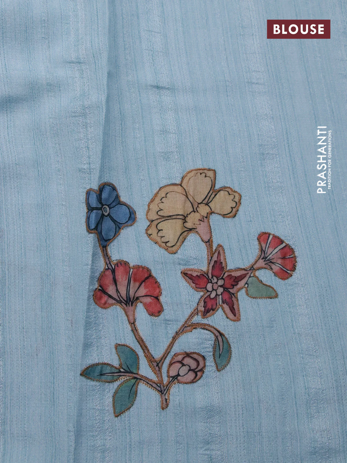Semi tussar saree light blue with allover kalamkari applique work in borderless style - Image 4