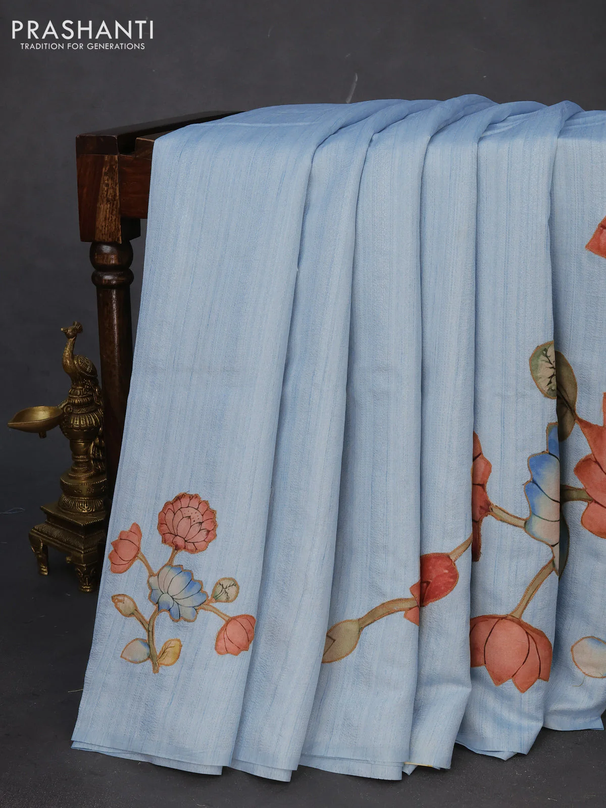 Semi tussar saree light blue with allover kalamkari applique work in borderless style - Image 2