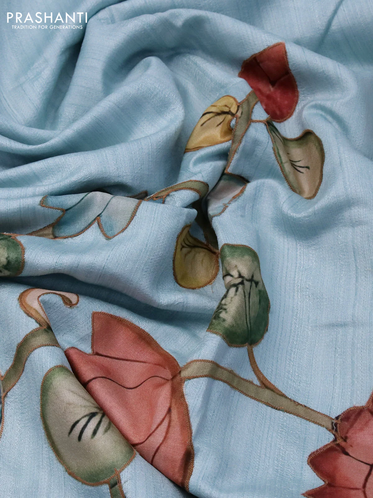 Semi tussar saree light blue with allover kalamkari applique work in borderless style - Image 3