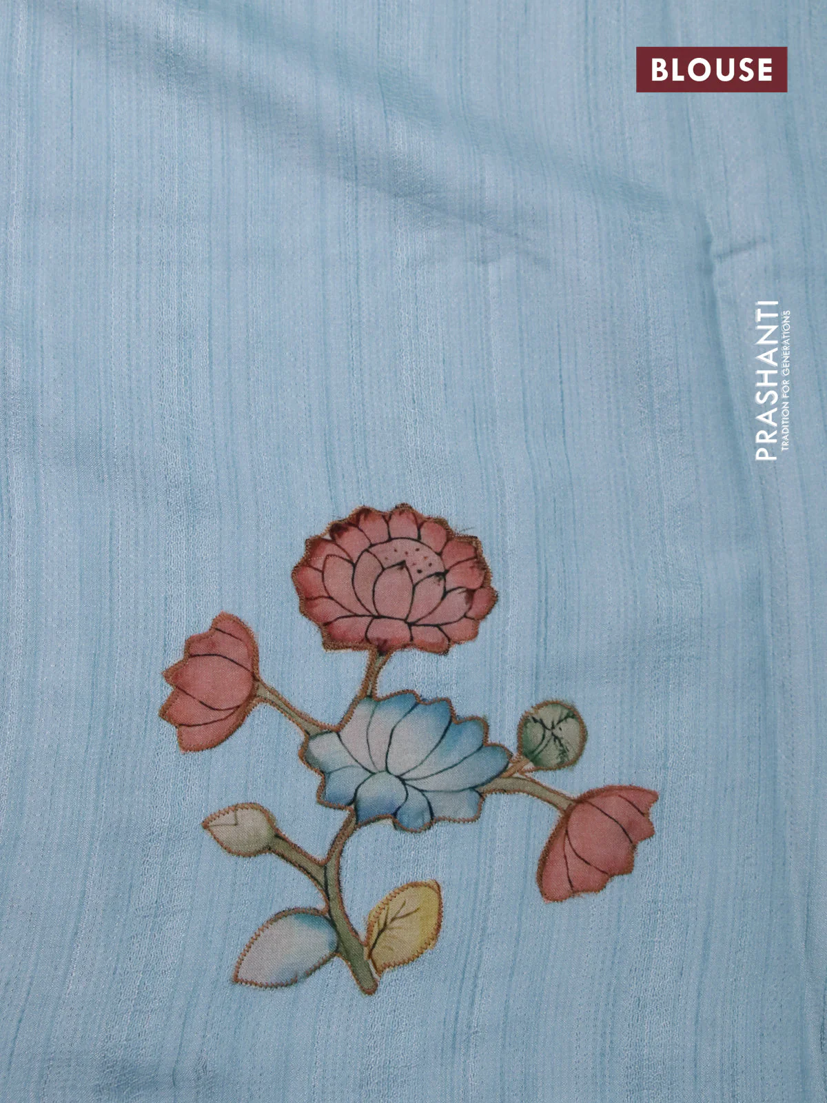 Semi tussar saree light blue with allover kalamkari applique work in borderless style - Image 4