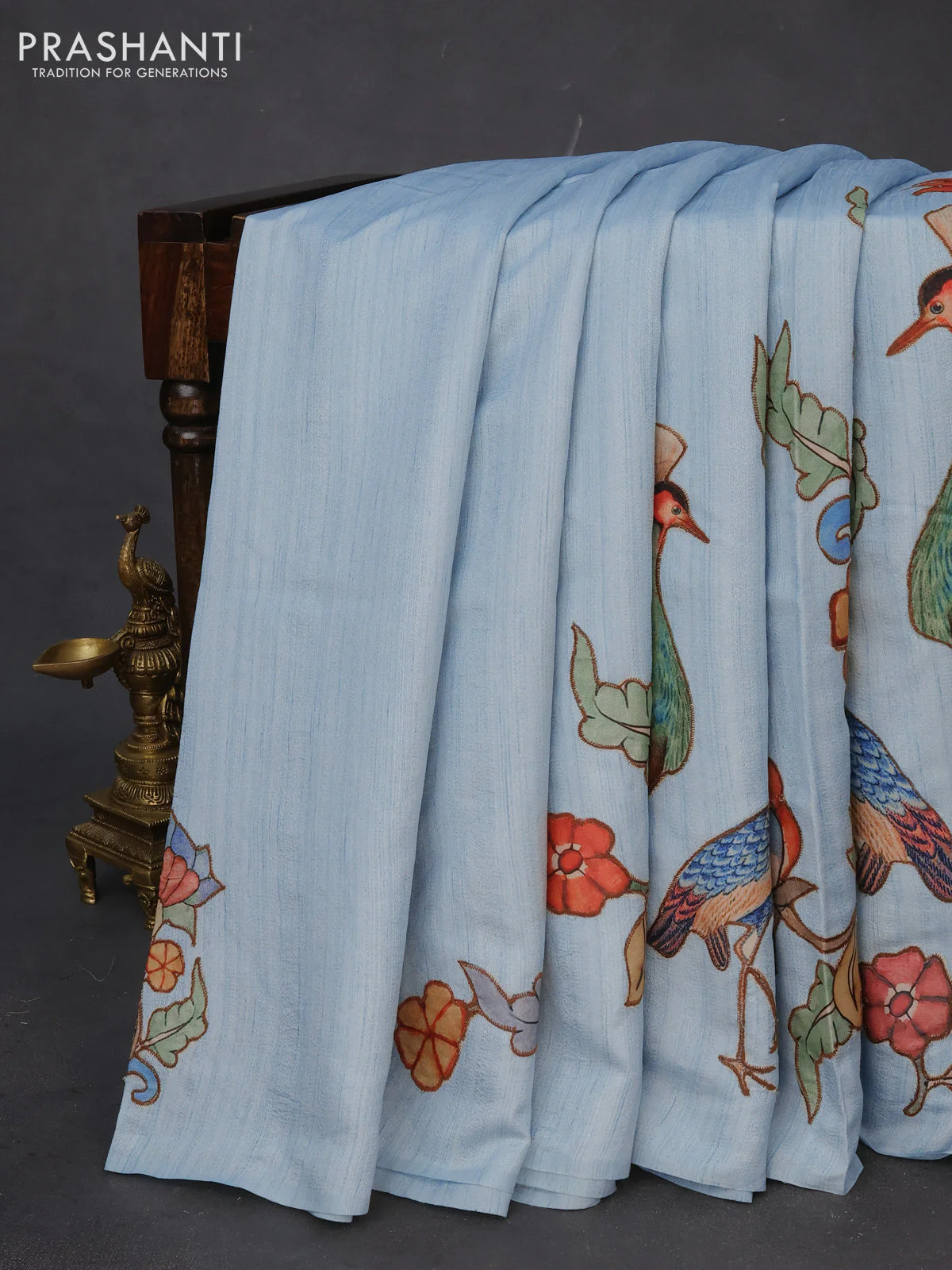 Semi tussar saree light blue with allover kalamkari applique work in borderless style - Image 2