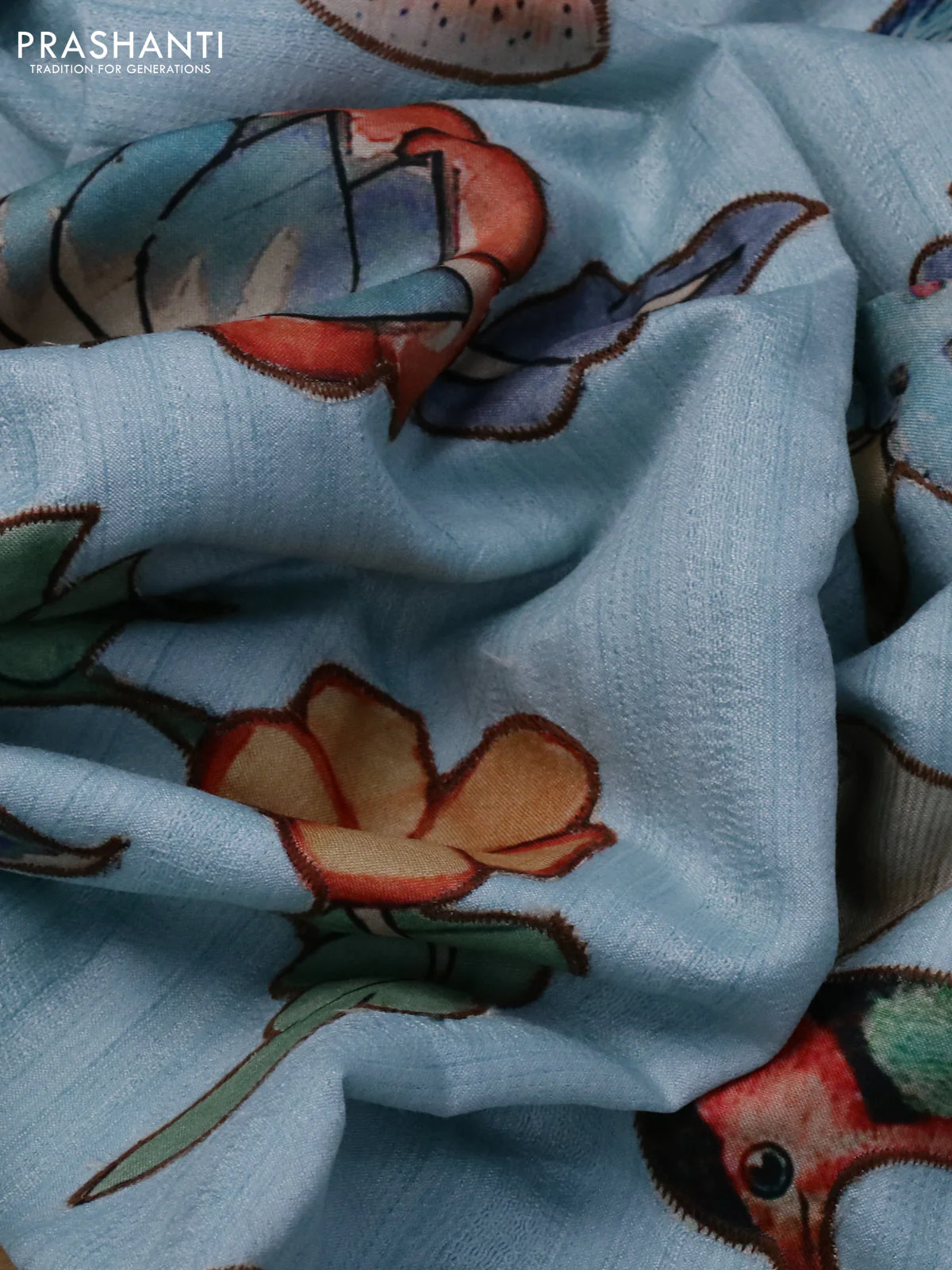 Semi tussar saree light blue with allover kalamkari applique work in borderless style - Image 3