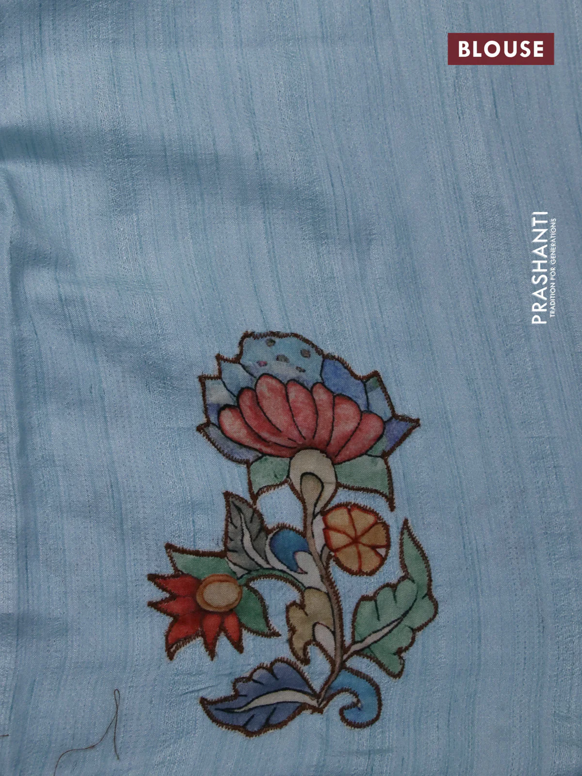 Semi tussar saree light blue with allover kalamkari applique work in borderless style - Image 4