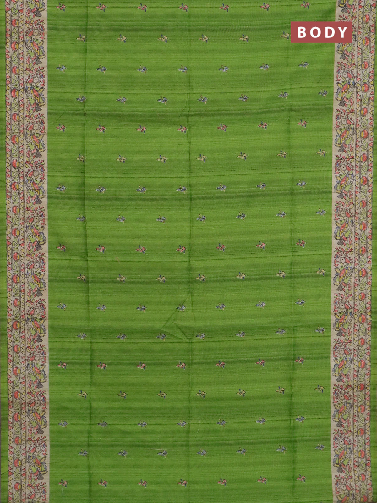 Semi tussar saree light green and beige with allover butta prints and madhubani printed pallu & border - Image 2