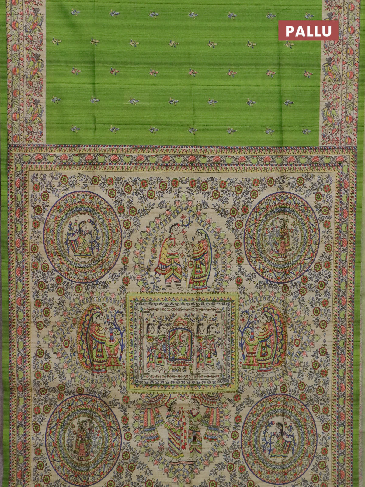 Semi tussar saree light green and beige with allover butta prints and madhubani printed pallu & border - Image 3