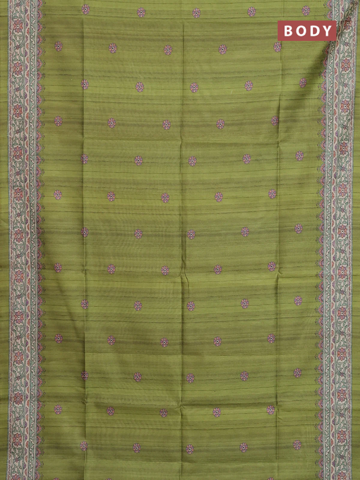 Semi tussar saree light green and beige with allover butta prints and madhubani printed pallu & border - Image 2