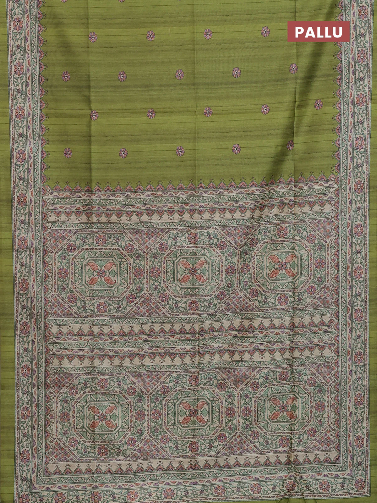 Semi tussar saree light green and beige with allover butta prints and madhubani printed pallu & border - Image 3