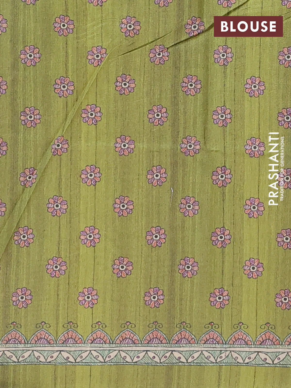 Semi tussar saree light green and beige with allover butta prints and madhubani printed pallu & border - Image 4